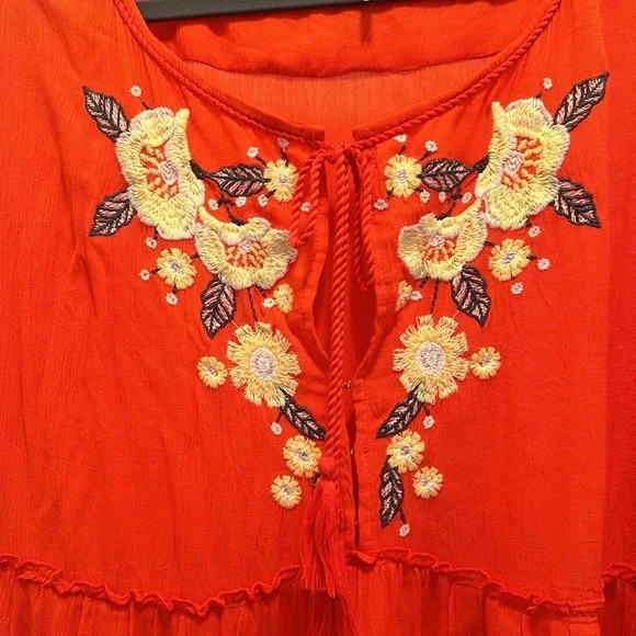 Free People Spell On You Poppy Red Floral Embroidered Peasant Dress Medium - Picture 7 of 10